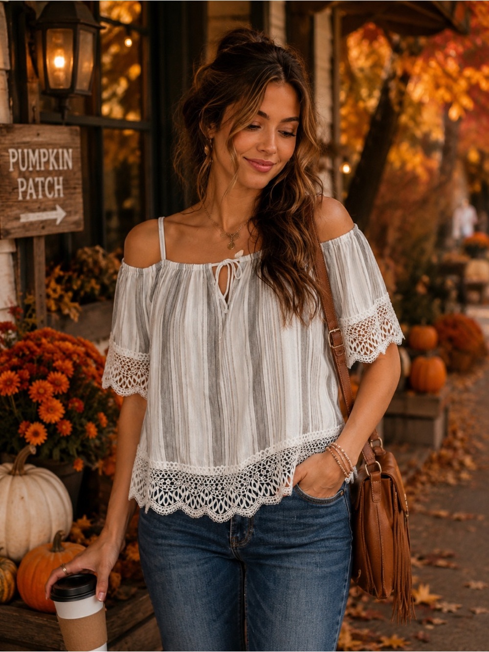 by & by White and Gray Striped Crochet-Trim Cold Shoulder Top